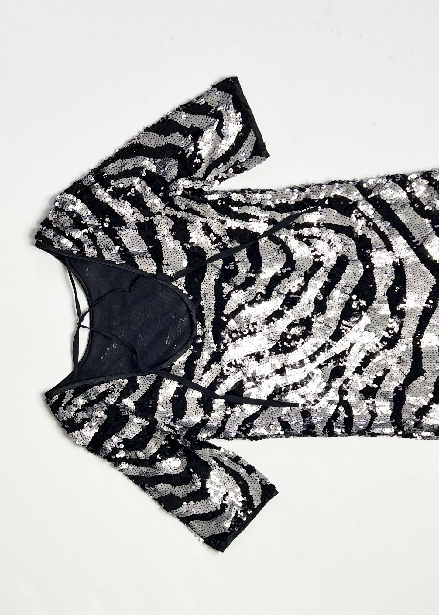 Short Sleeve A Line Black & Silver Sequin Dress - UK 10