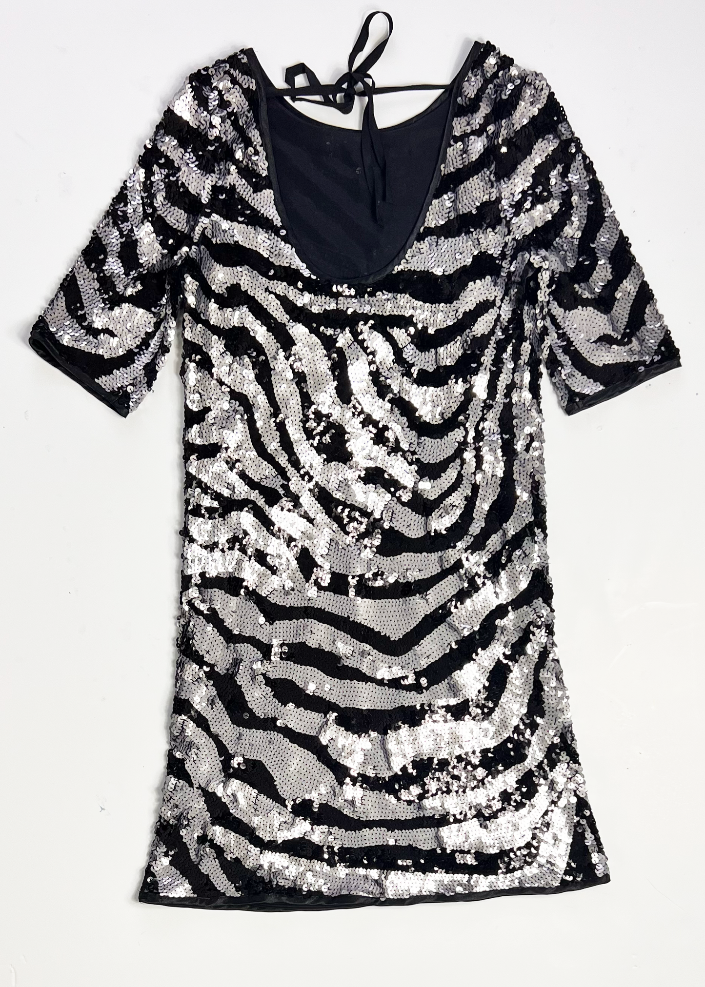 Short Sleeve A Line Black & Silver Sequin Dress - UK 10