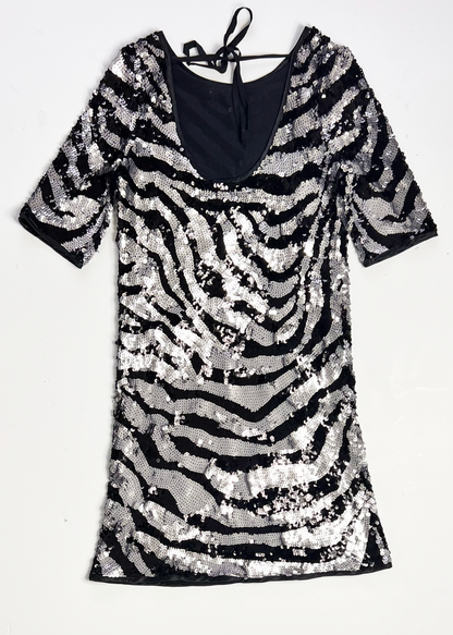 Short Sleeve A Line Black & Silver Sequin Dress - UK 10