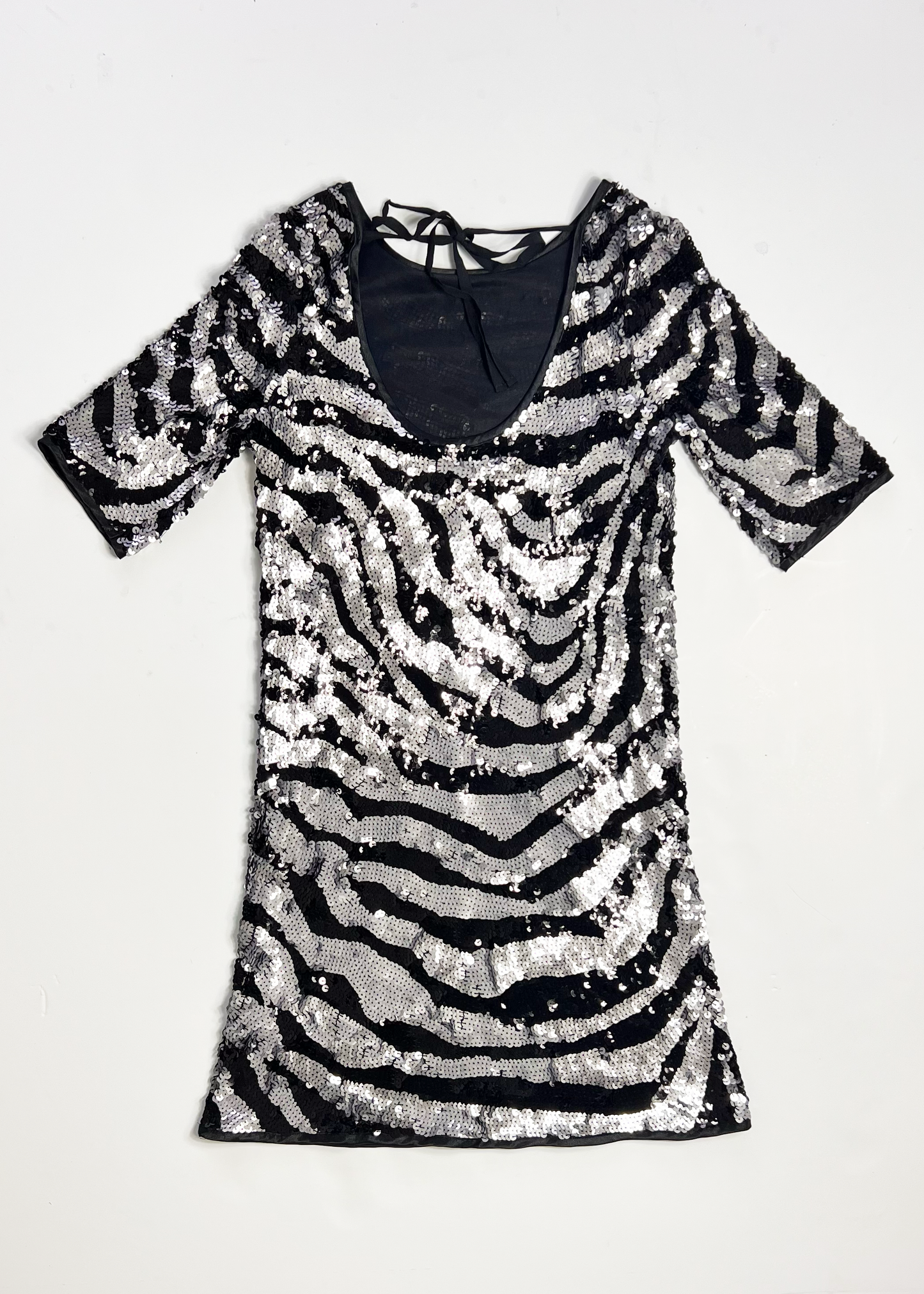 Short Sleeve A Line Black & Silver Sequin Dress - UK 10