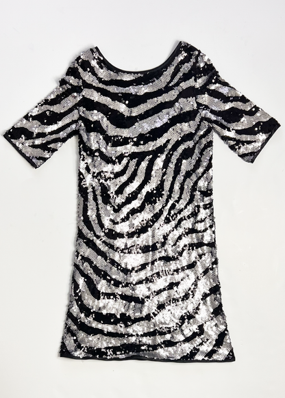 Short Sleeve A Line Black & Silver Sequin Dress - UK 10