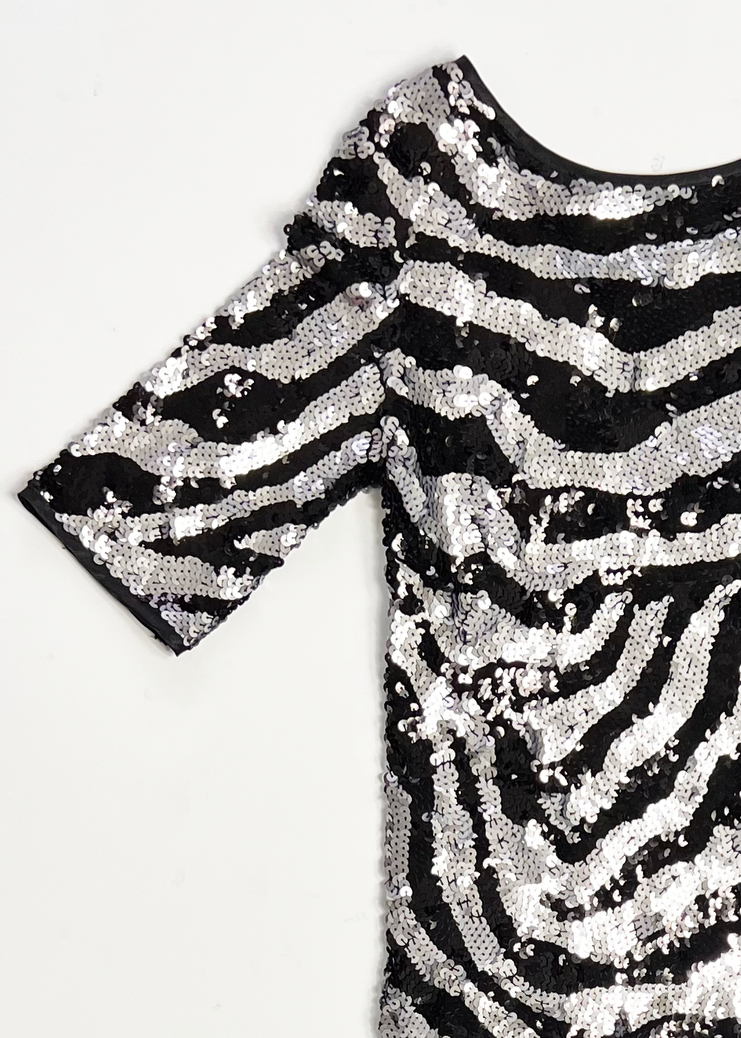 Short Sleeve A Line Black & Silver Sequin Dress - UK 10