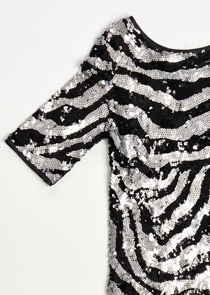 Short Sleeve A Line Black & Silver Sequin Dress - UK 10