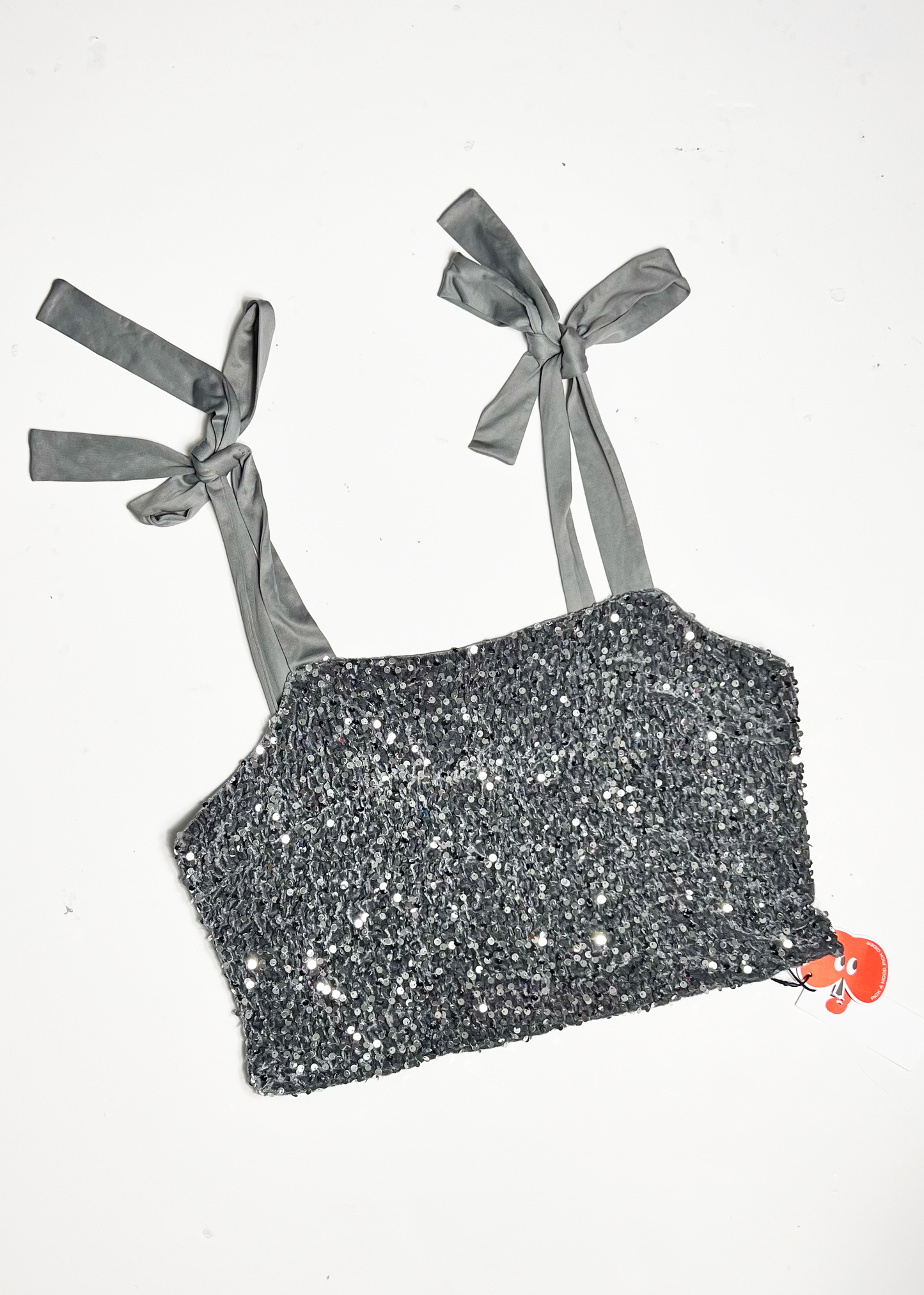 Cinder Silver Sequin Tie Shoulder Crop Top - XL