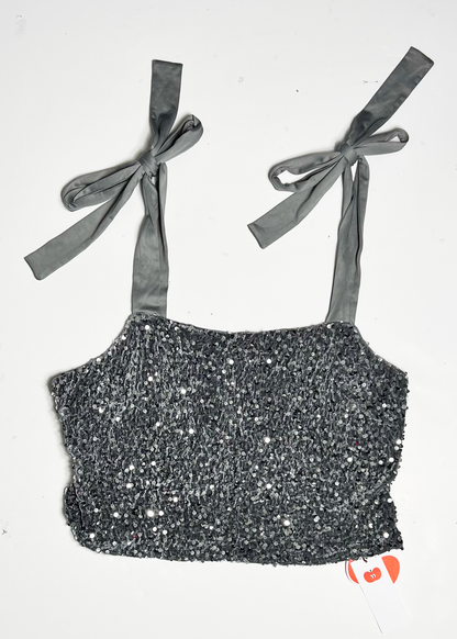 Cinder Silver Sequin Tie Shoulder Crop Top - XL