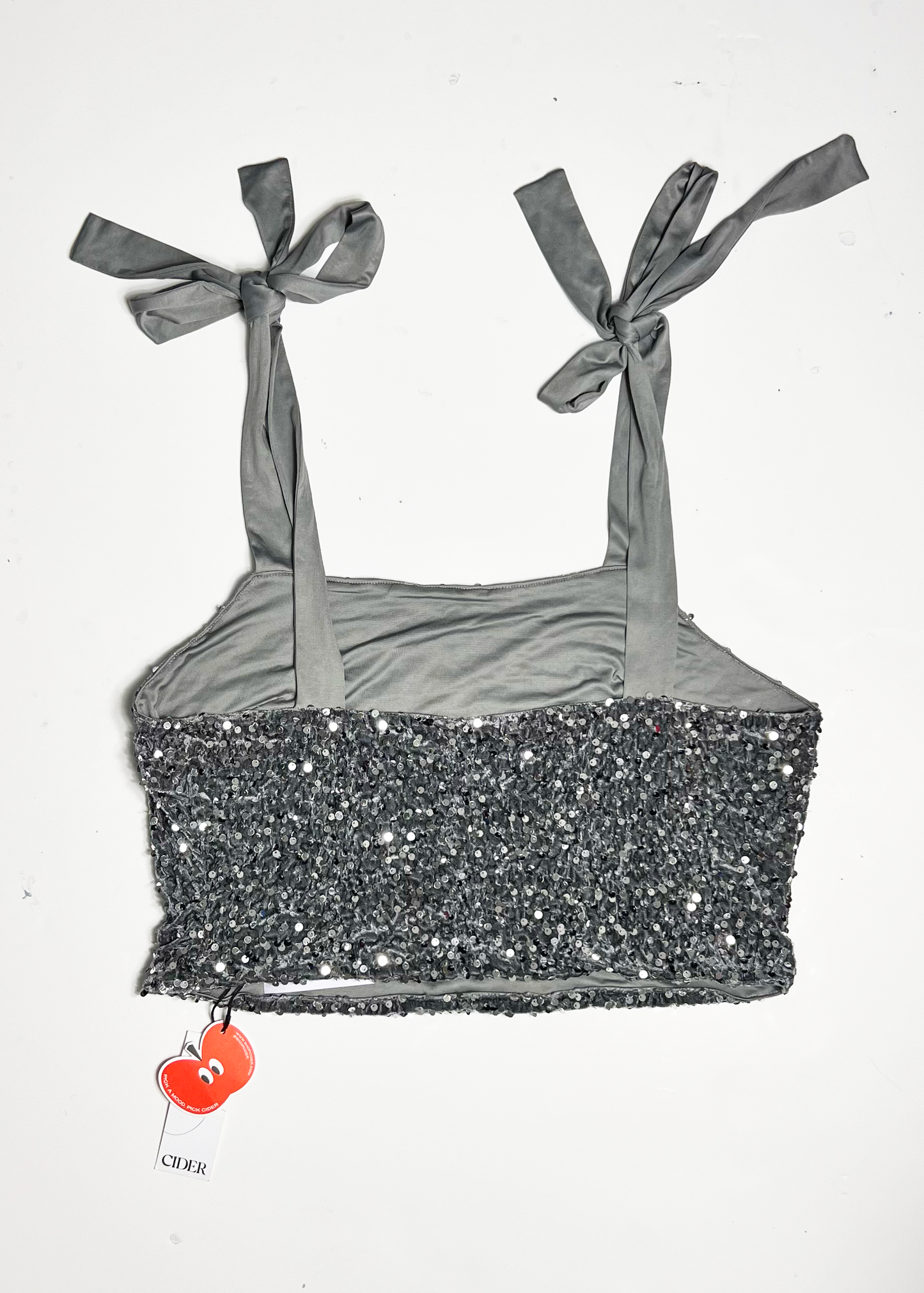 Cinder Silver Sequin Tie Shoulder Crop Top - XL