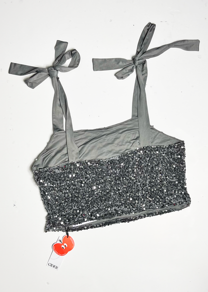 Cinder Silver Sequin Tie Shoulder Crop Top - XL