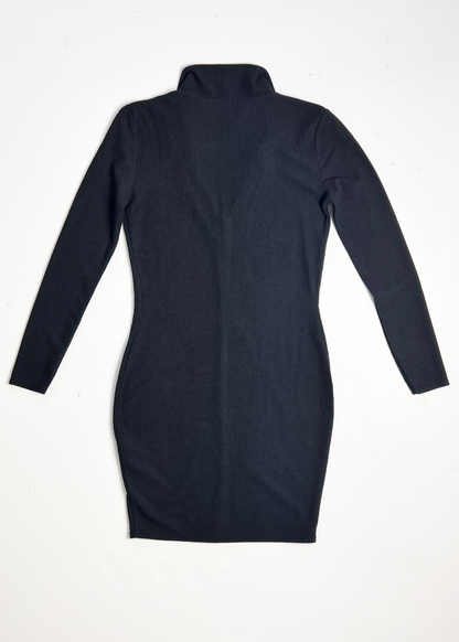 Long Sleeve Black Ribbed Knit Mini Dress - UK 10