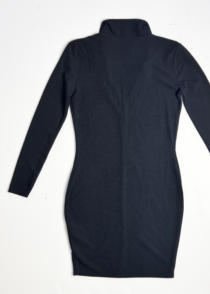 Long Sleeve Black Ribbed Knit Mini Dress - UK 10