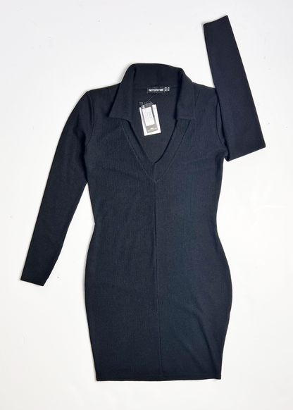 Long Sleeve Black Ribbed Knit Mini Dress - UK 10