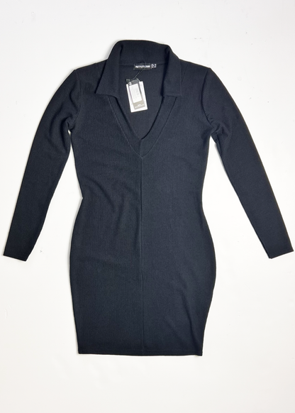 Long Sleeve Black Ribbed Knit Mini Dress - UK 10