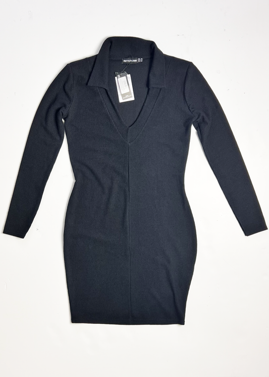 Long Sleeve Black Ribbed Knit Mini Dress - UK 10