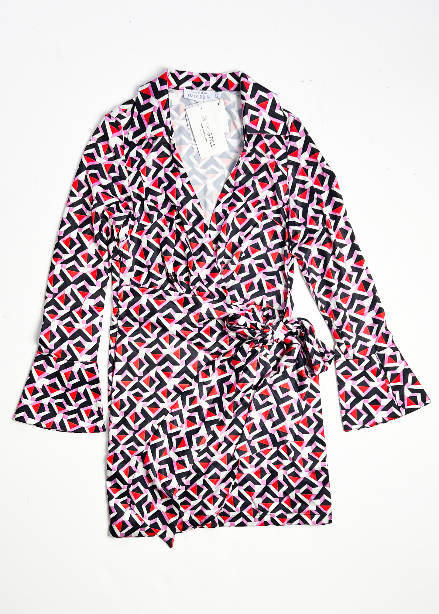 Geo Print Flared Sleeve Wrap Mini Dress - UK 8