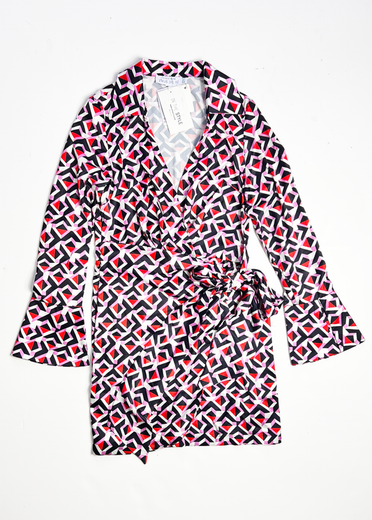 Geo Print Flared Sleeve Wrap Mini Dress - UK 8