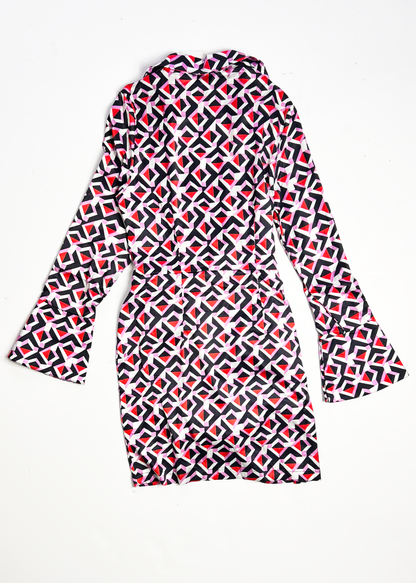 Geo Print Flared Sleeve Wrap Mini Dress - UK 8