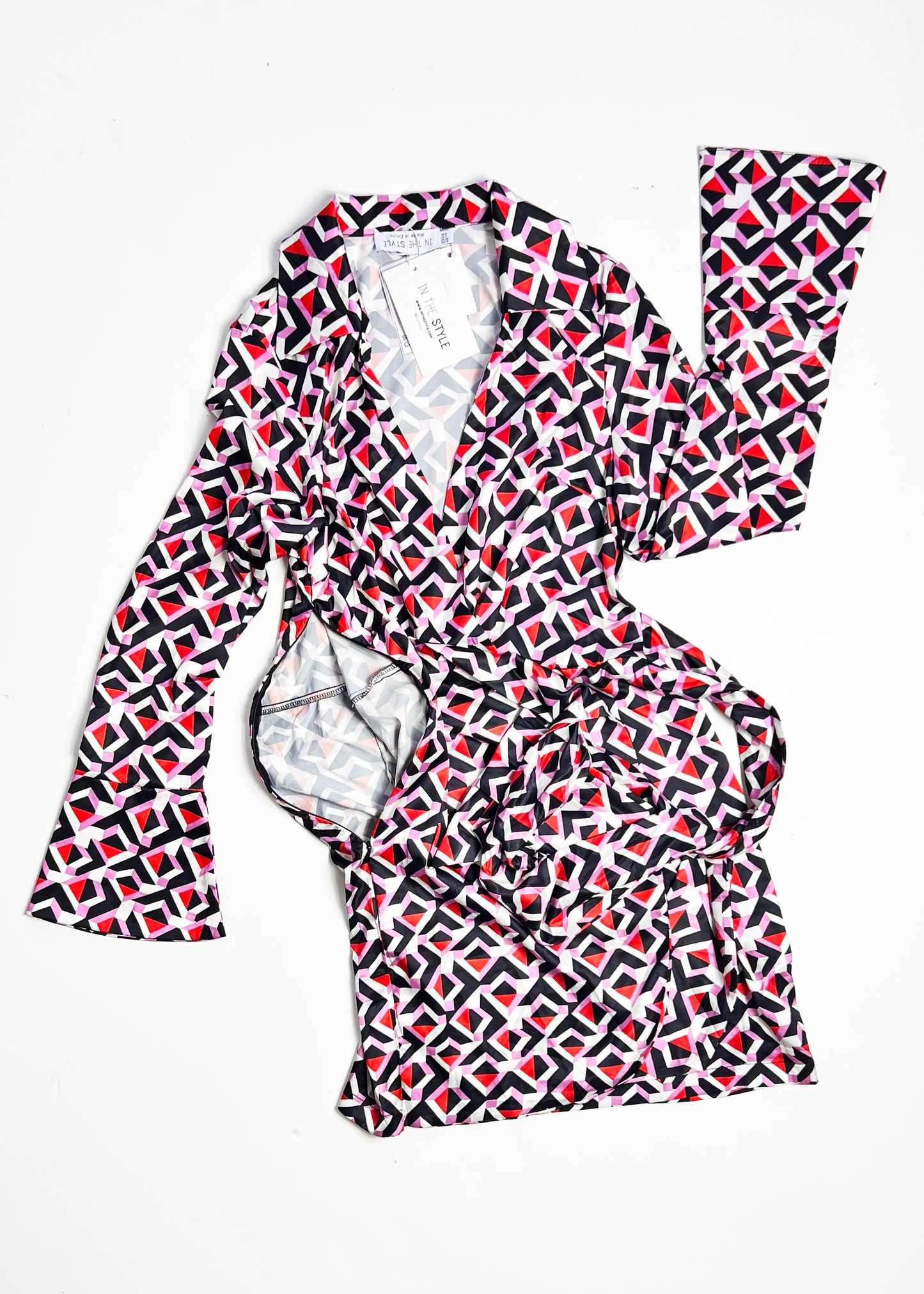 Geo Print Flared Sleeve Wrap Mini Dress - UK 8