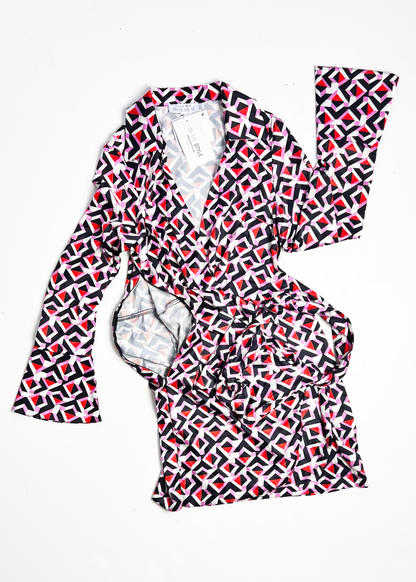 Geo Print Flared Sleeve Wrap Mini Dress - UK 8