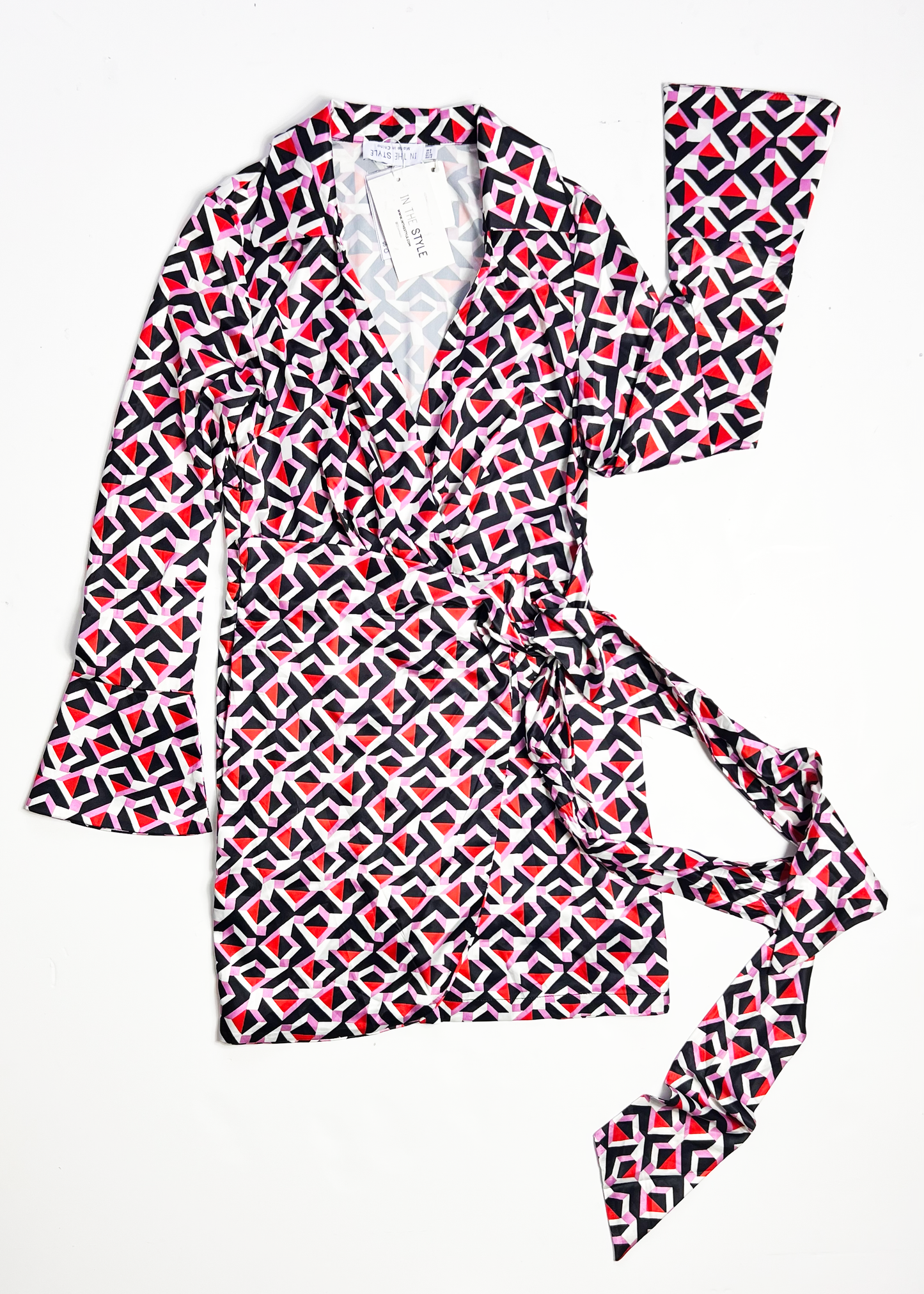 Geo Print Flared Sleeve Wrap Mini Dress - UK 8