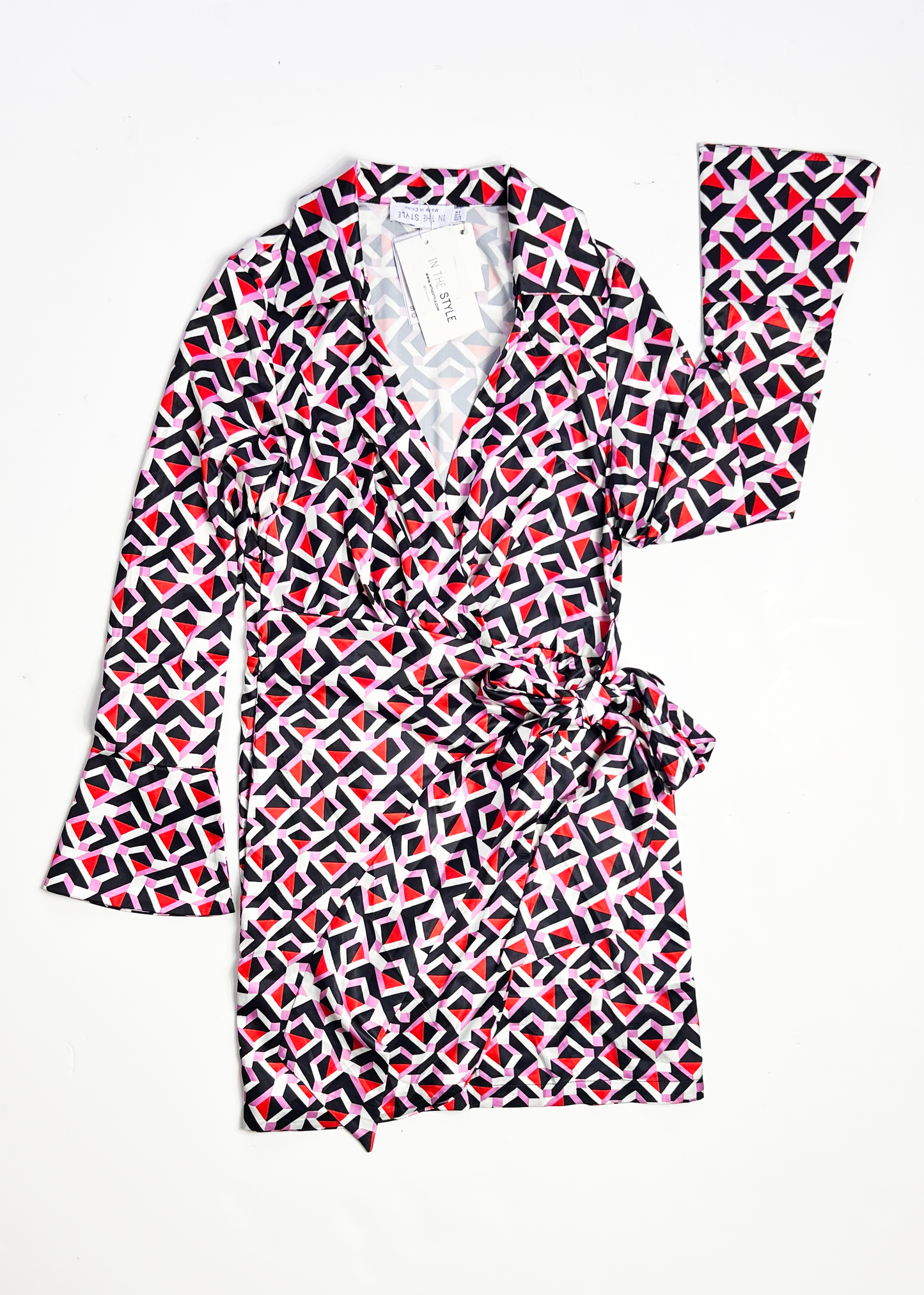 Geo Print Flared Sleeve Wrap Mini Dress - UK 8