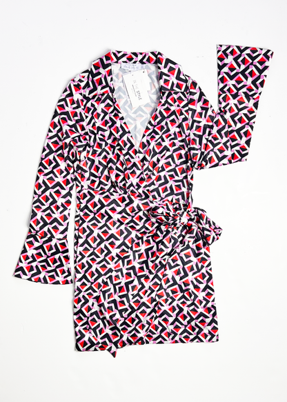 Geo Print Flared Sleeve Wrap Mini Dress - UK 8