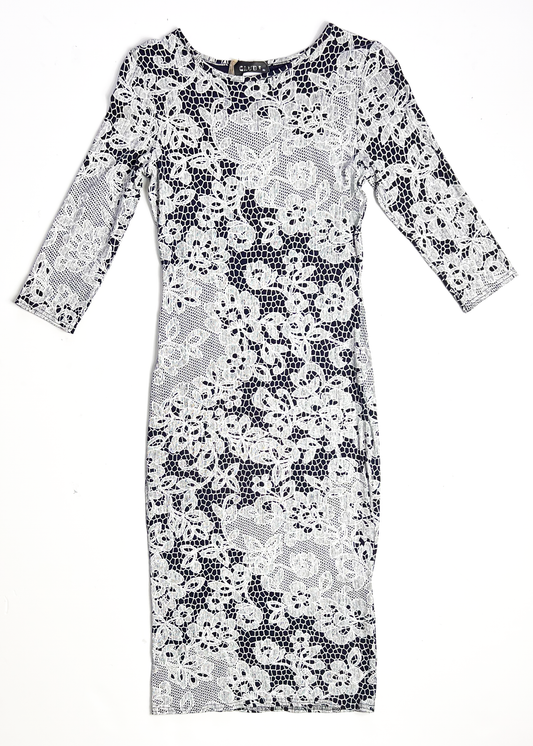 Lace Print Navy 3/4 Sleeve Bodycon Dress - UK10