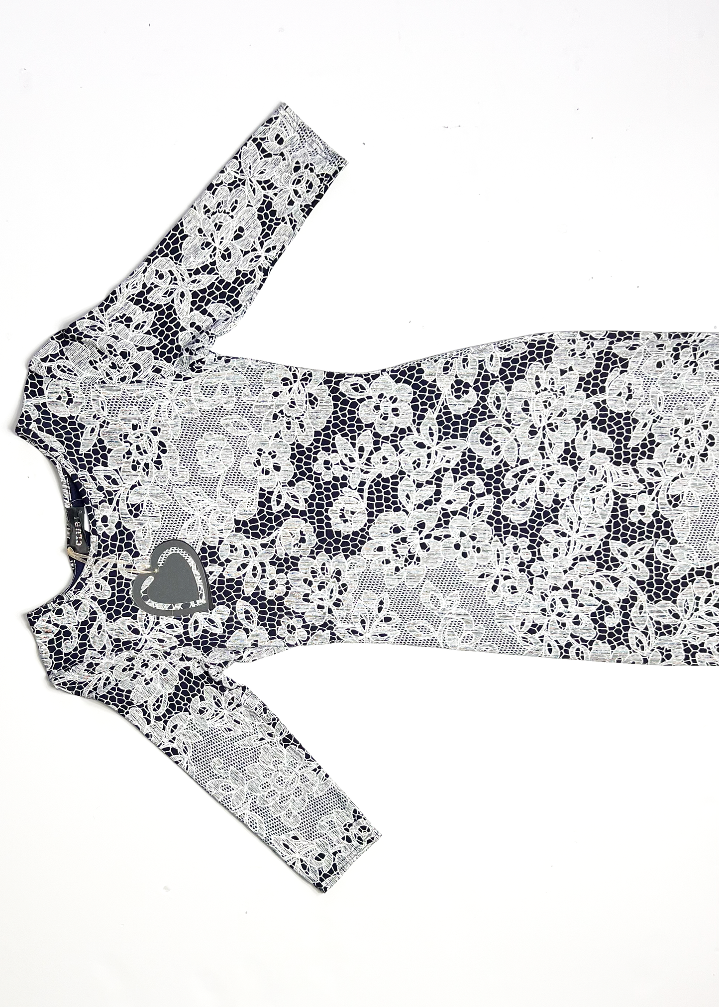 Lace Print Navy 3/4 Sleeve Bodycon Dress - UK10