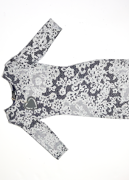 Lace Print Navy 3/4 Sleeve Bodycon Dress - UK10