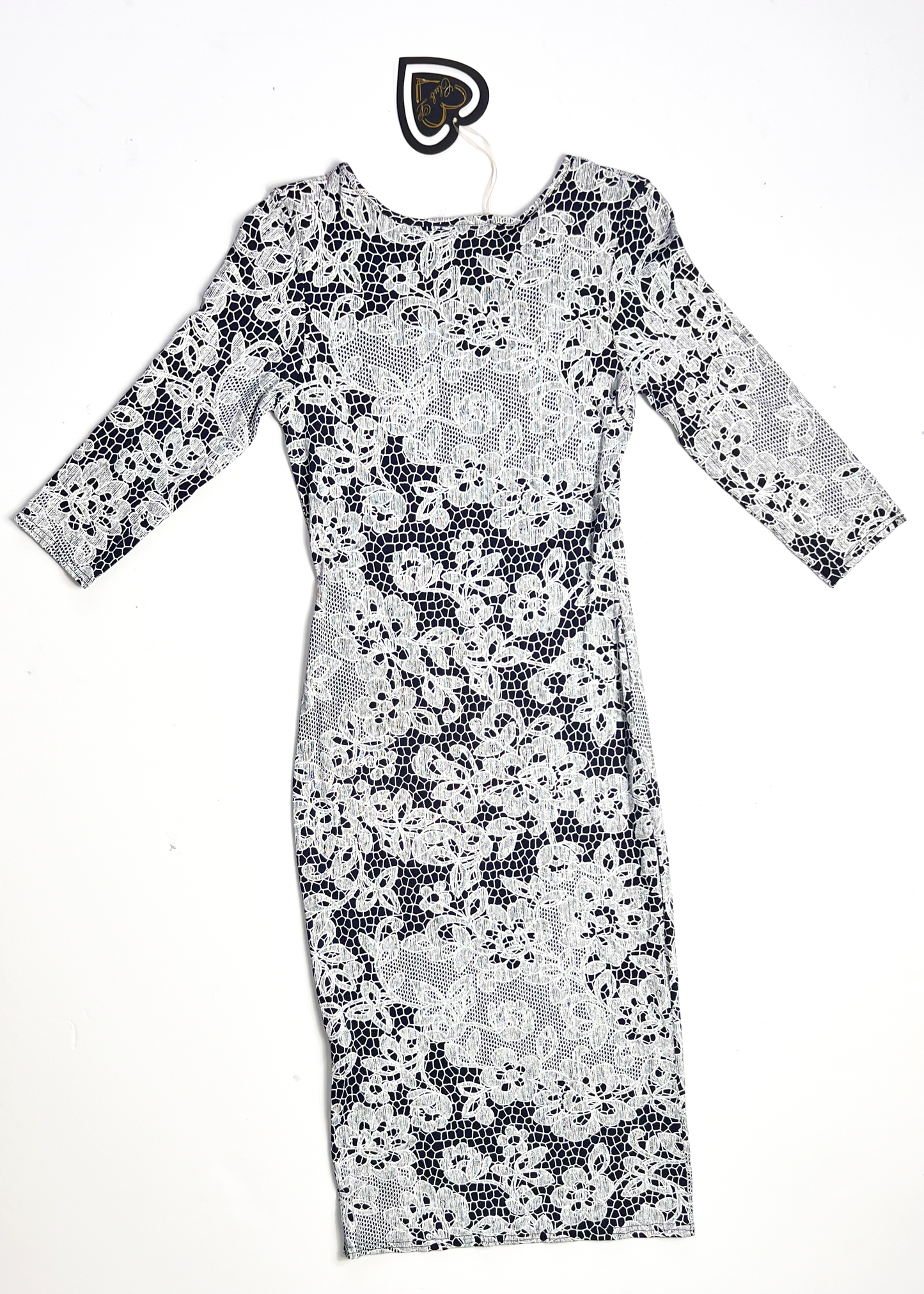 Lace Print Navy 3/4 Sleeve Bodycon Dress - UK10