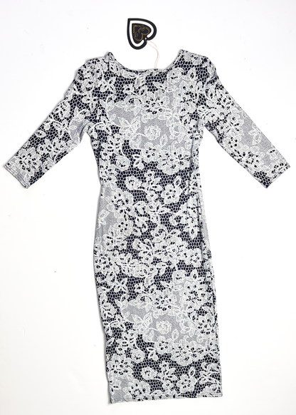 Lace Print Navy 3/4 Sleeve Bodycon Dress - UK10