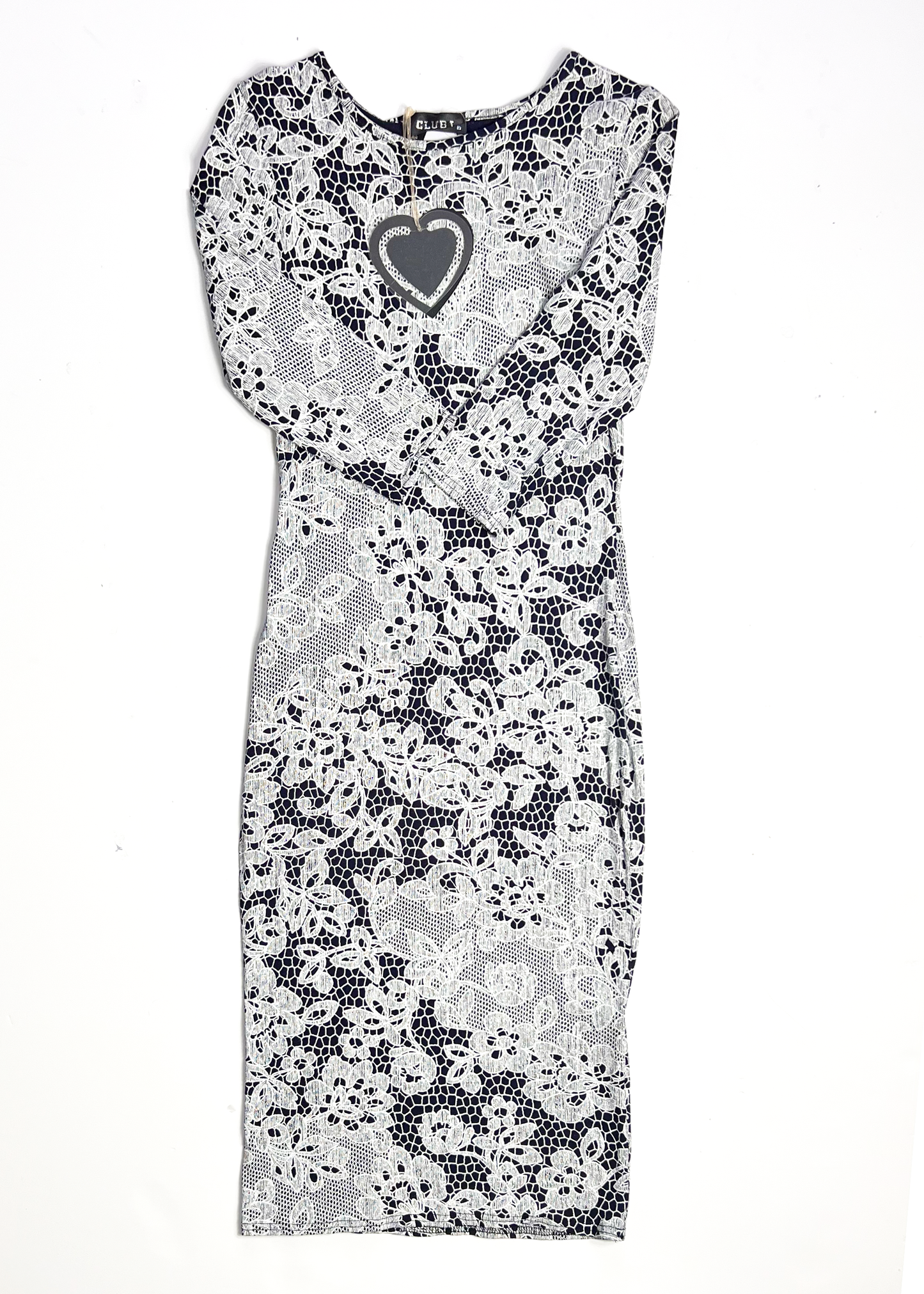 Lace Print Navy 3/4 Sleeve Bodycon Dress - UK10