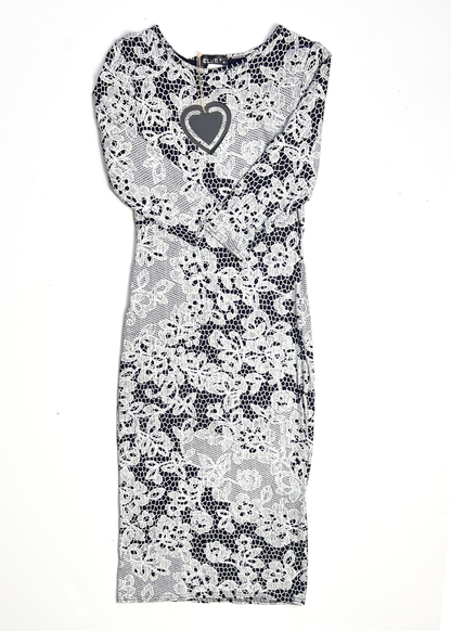 Lace Print Navy 3/4 Sleeve Bodycon Dress - UK10