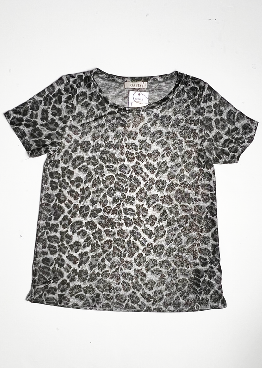 Short Sleeve Black & Silver Leopard Print Top - Small
