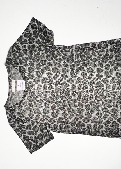 Short Sleeve Black & Silver Leopard Print Top - Small