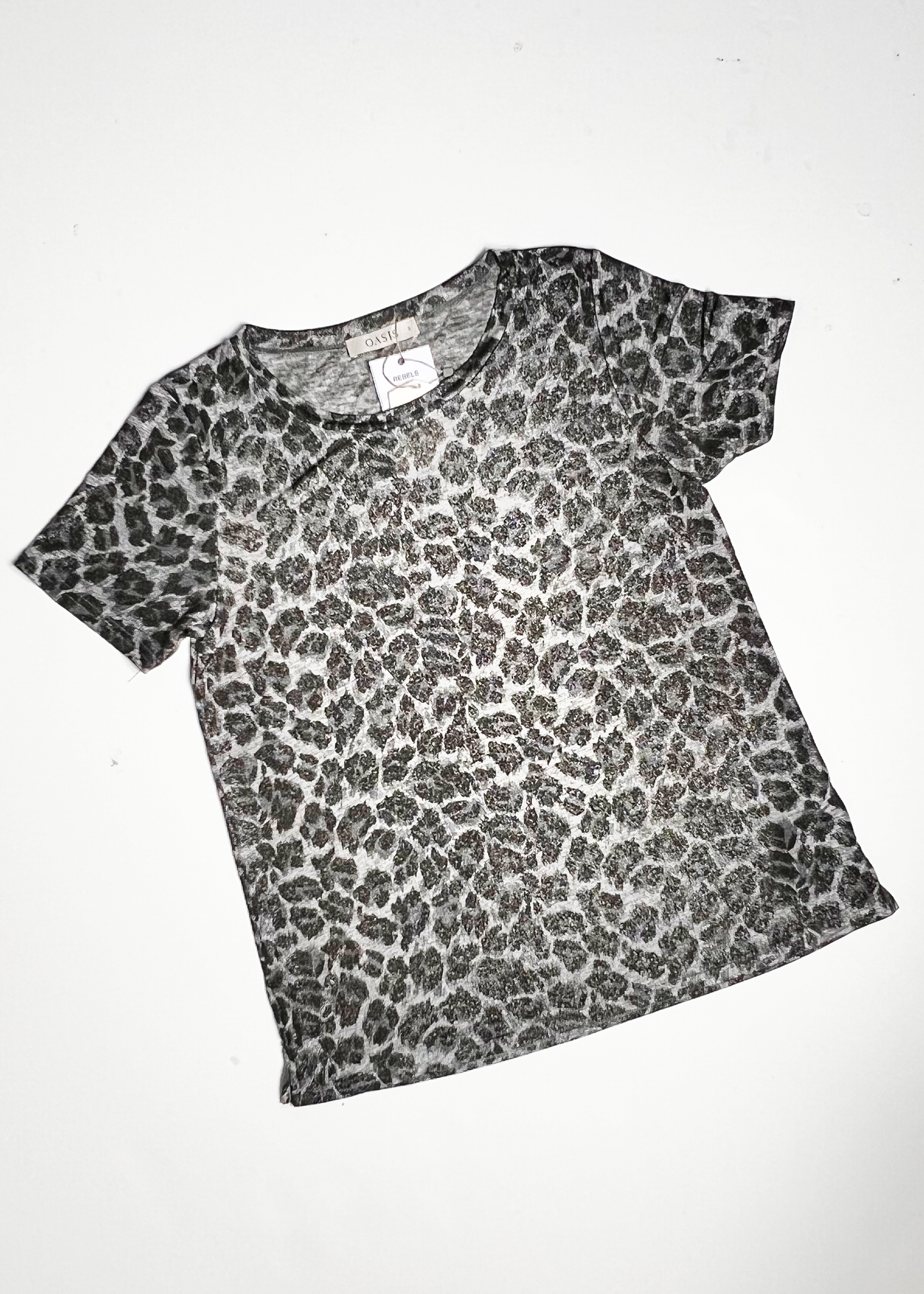 Short Sleeve Black & Silver Leopard Print Top - Small