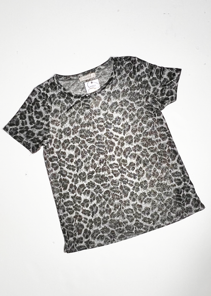 Short Sleeve Black & Silver Leopard Print Top - Small