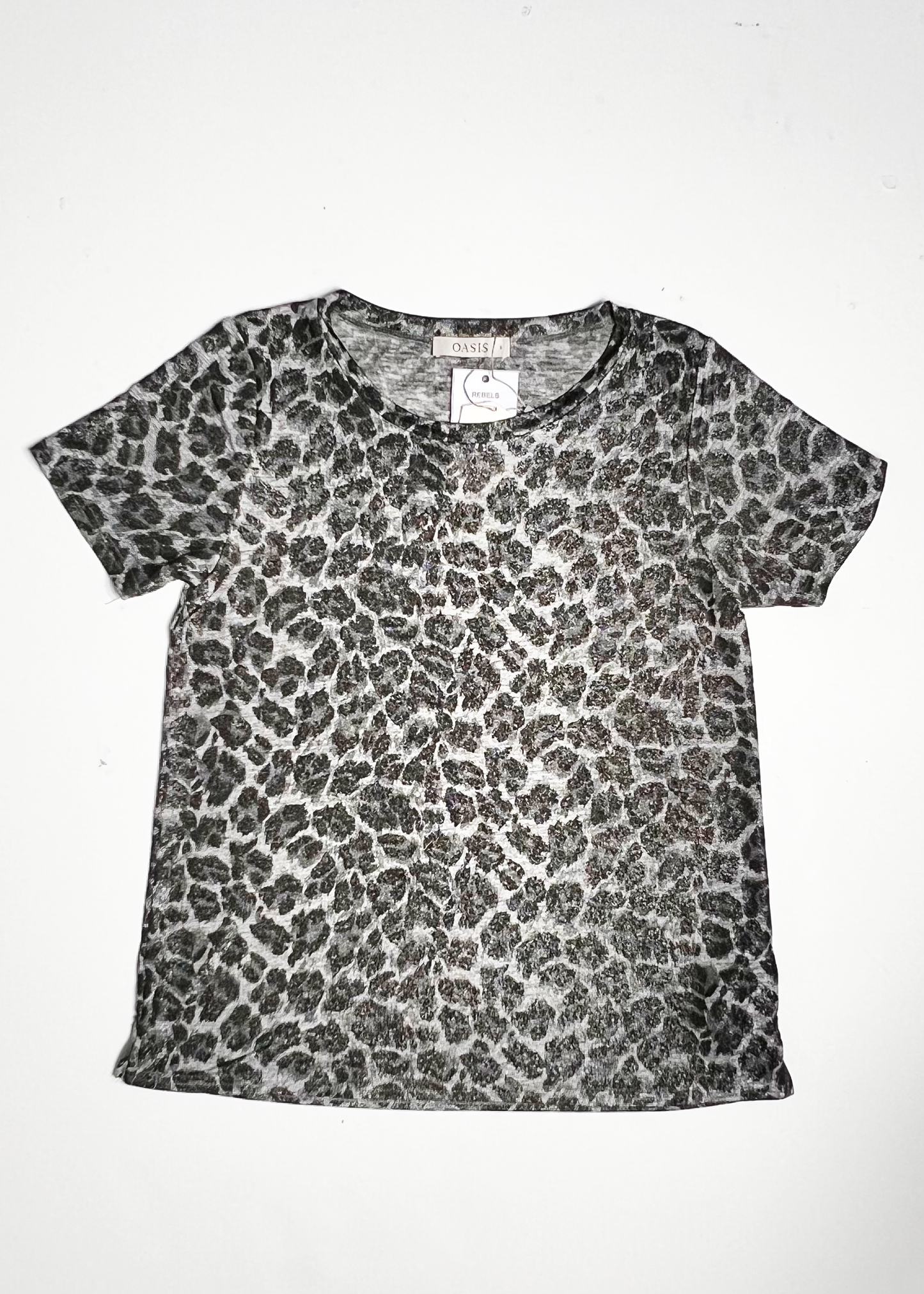 Short Sleeve Black & Silver Leopard Print Top - Small