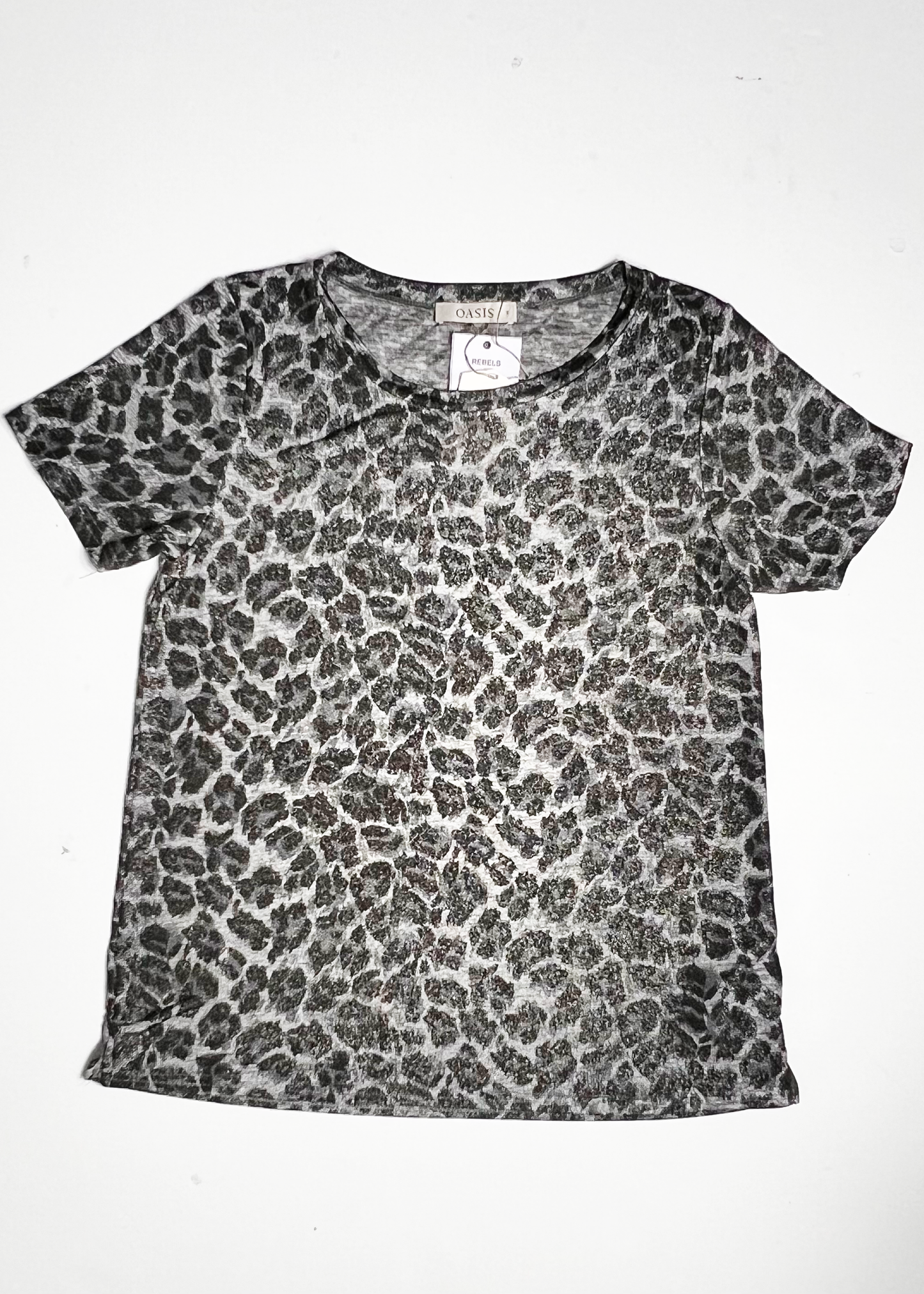 Short Sleeve Black & Silver Leopard Print Top - Small