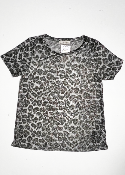 Short Sleeve Black & Silver Leopard Print Top - Small