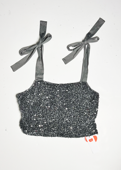 Cinder Silver Sequin Tie Shoulder Crop Top - XL