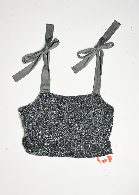 Cinder Silver Sequin Tie Shoulder Crop Top - XL