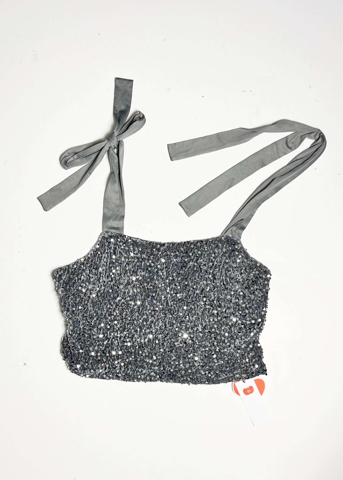 Cinder Silver Sequin Tie Shoulder Crop Top - XL