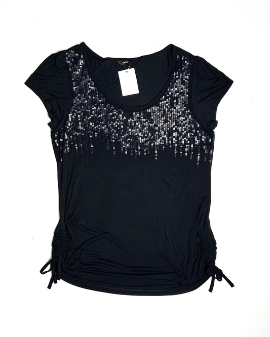 Y2K Sequin Side Tie Longline Black T-Shirt - UK 18