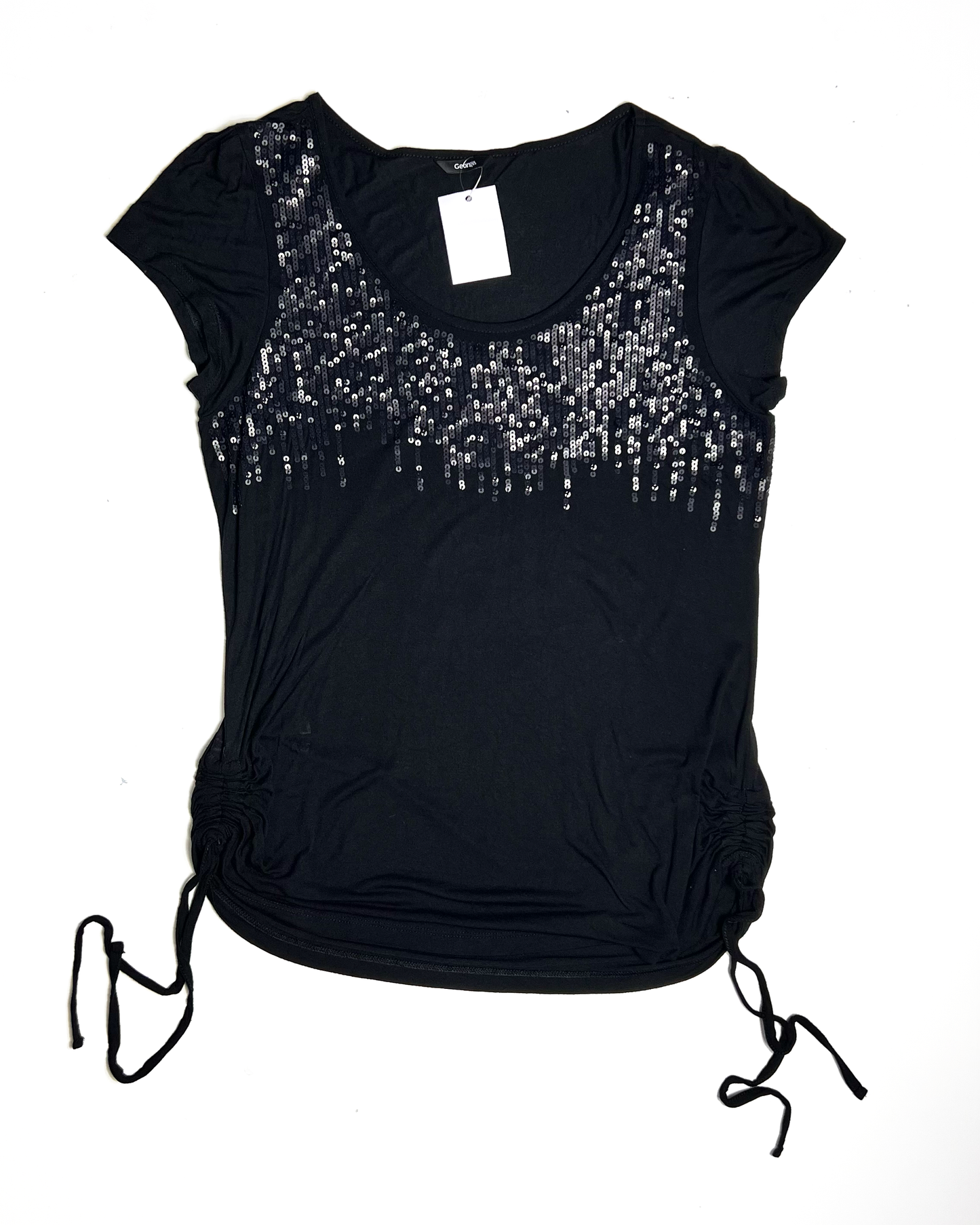 Y2K Sequin Side Tie Longline Black T-Shirt - UK 18