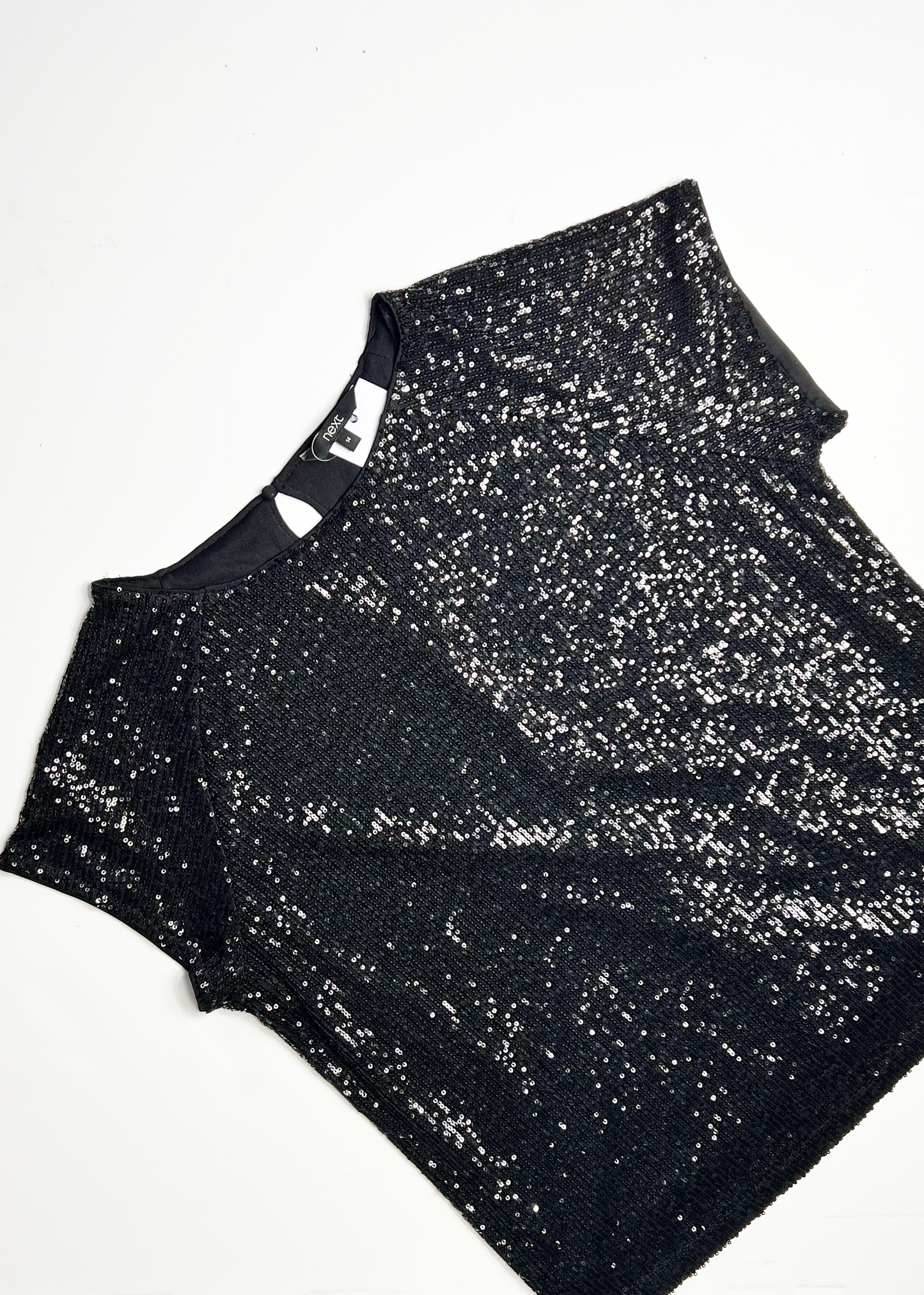 Cap Sleeve Sequin Black Top - UK 14