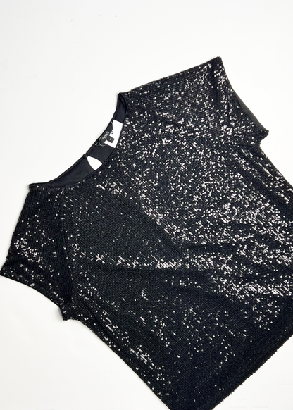 Cap Sleeve Sequin Black Top - UK 14