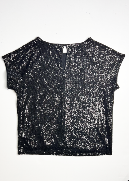 Cap Sleeve Sequin Black Top - UK 14