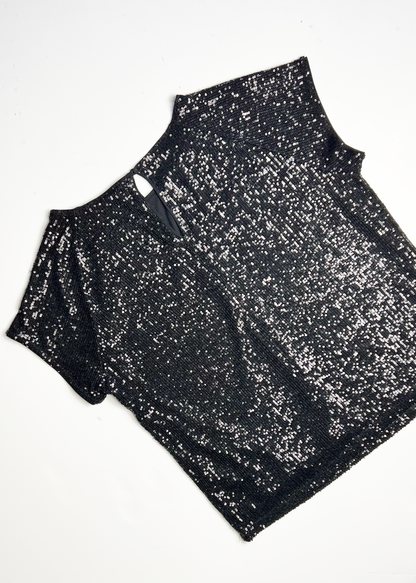 Cap Sleeve Sequin Black Top - UK 14