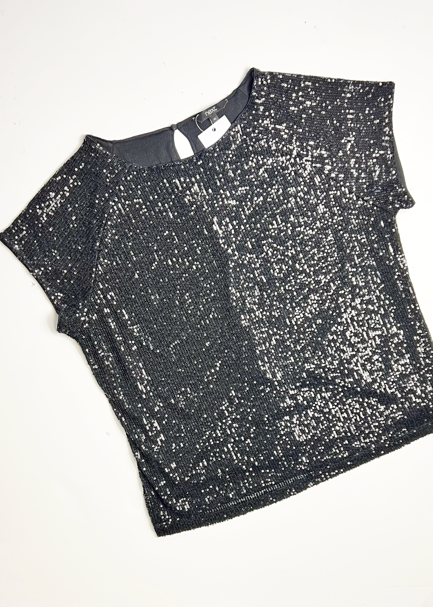 Cap Sleeve Sequin Black Top - UK 14