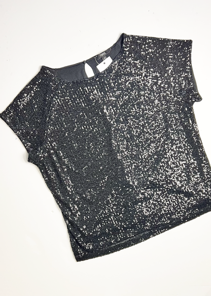 Cap Sleeve Sequin Black Top - UK 14