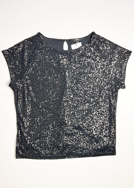 Cap Sleeve Sequin Black Top - UK 14